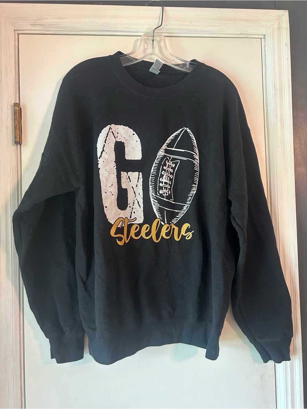 Gildan Black Crewneck Sweatshirt with White and Gold Football Graphic